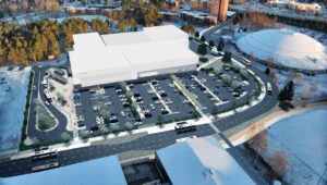 Ilmasta otettu havainnekuva uudesta vesiliikuntakeskuksesta.