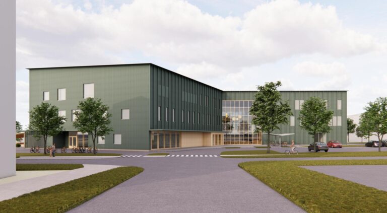 Havainnekuva uudesta Urheilupuiston koulusta pihalta käsin.