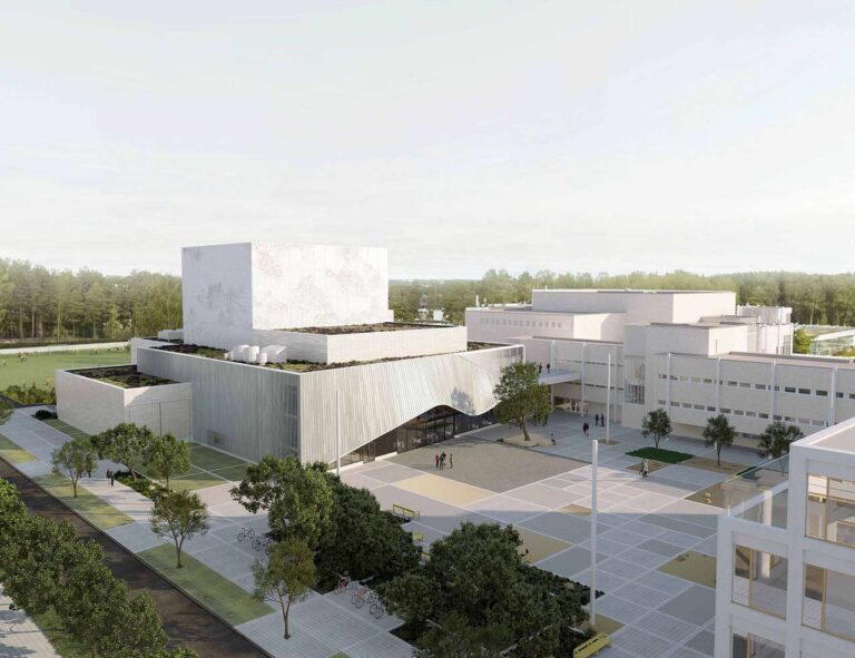 Ilmasta otettu havainnekuva Espoon Kulttuurikeskuksen uudesta kokonaisuudesta.